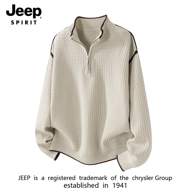 JEEPSPIRIT波浪纹半拉链立领男秋季休闲宽松毛衣针织衫男士时尚