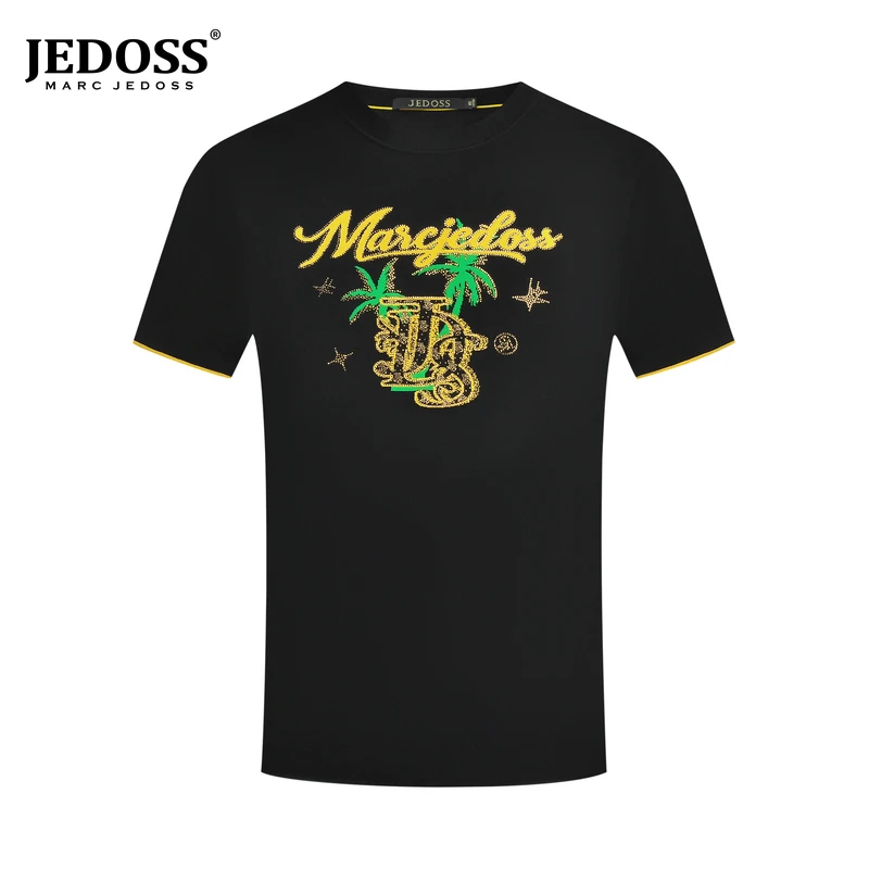 JEDOSS/爵迪斯2025春夏季男士椰树提花烫钻圆领短袖针织衫QC530