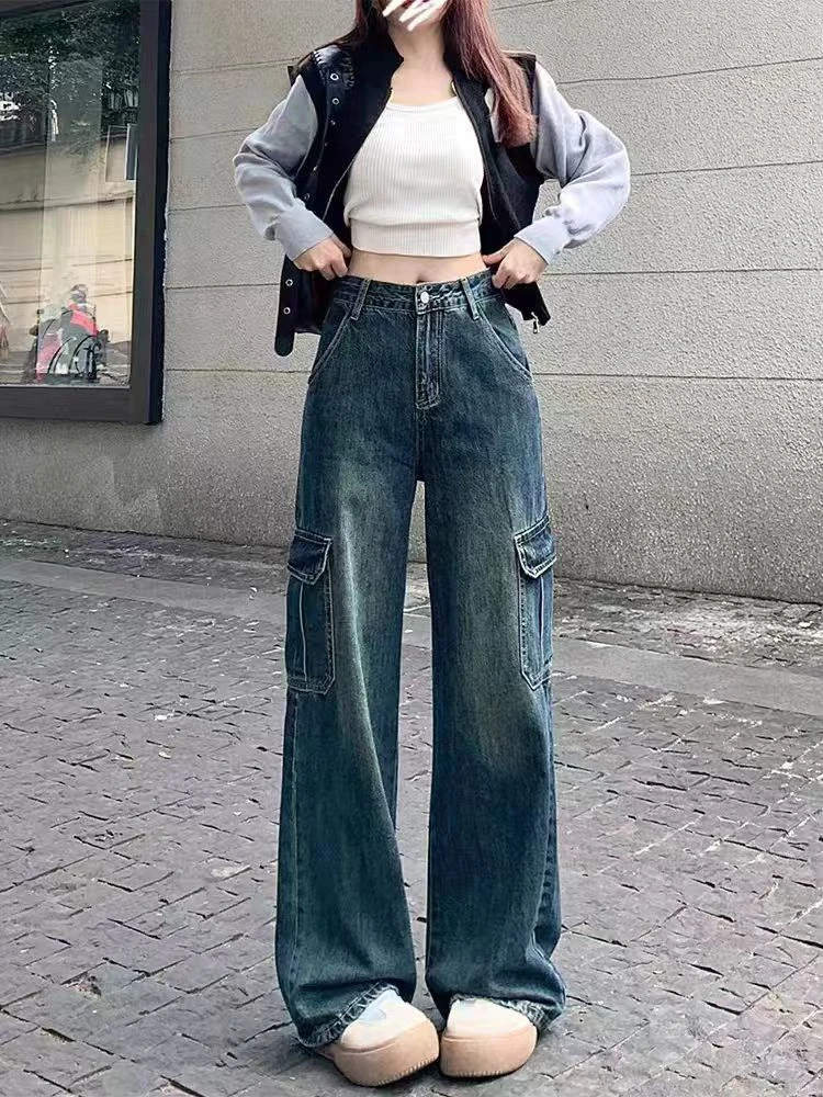 117#复古蓝工装牛仔裤女直筒高腰显瘦垂感美式阔腿裤子潮（约101）