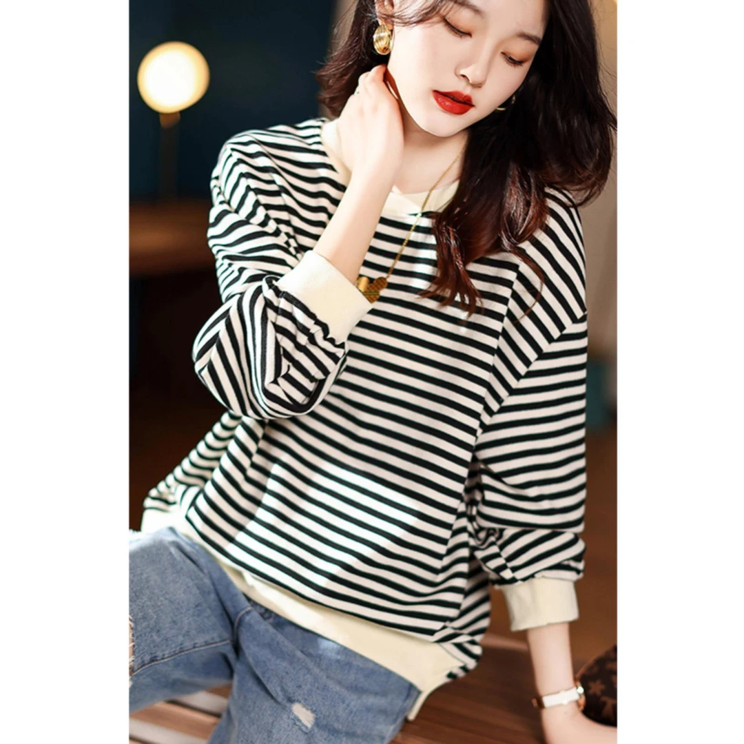杜拉妮2025年新款宽松条纹卫衣女秋季慵懒时尚风百搭打底女式上衣