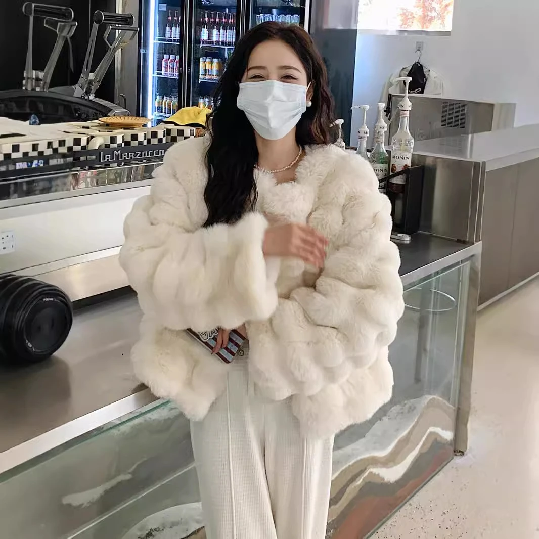 人造皮草 DFS高端奢短款泡泡皮草女装圆领仿兔毛衣服时尚宽松长袖