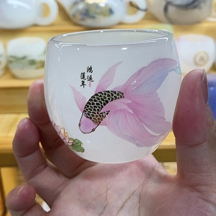 手工艺品琉璃白鱼主人杯
