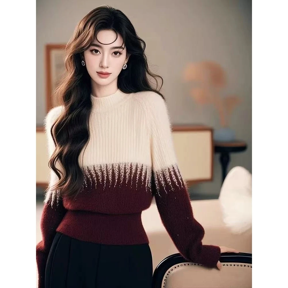 半高领拼色针织衫毛衣女秋冬新款小众保暖打底衫显瘦内搭上衣