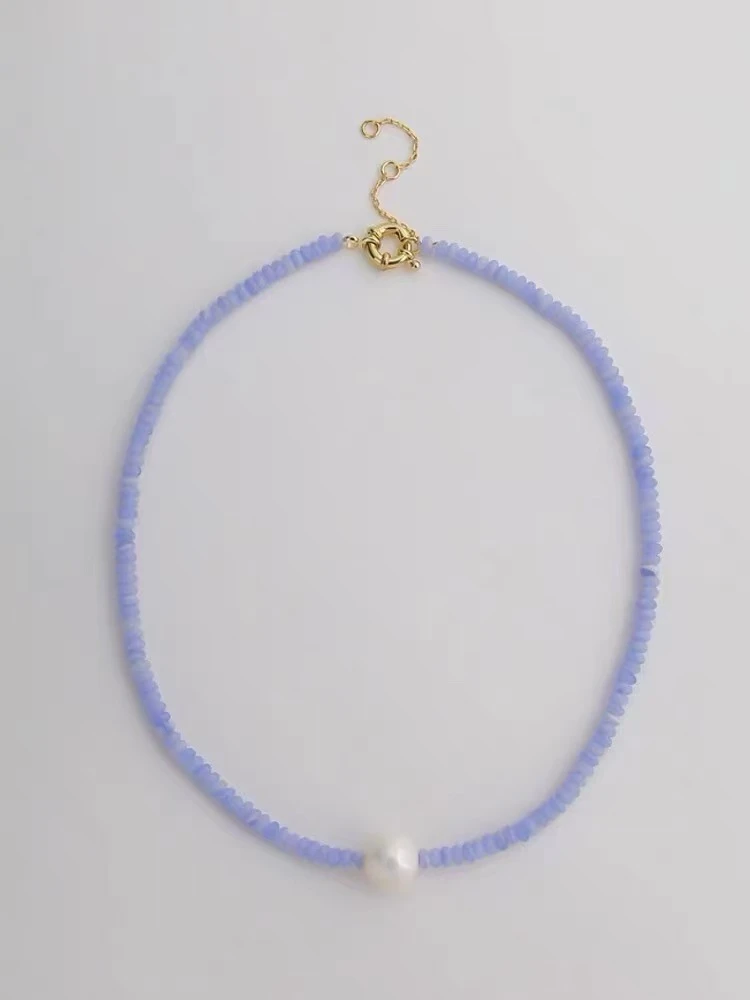 铜合金项链 【OS】小众淡紫色珠珠片项链蓝色颈链锁骨链