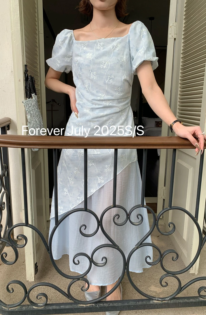 新中式方领夏季短袖连衣裙中国风少女优雅民国风气质1627#