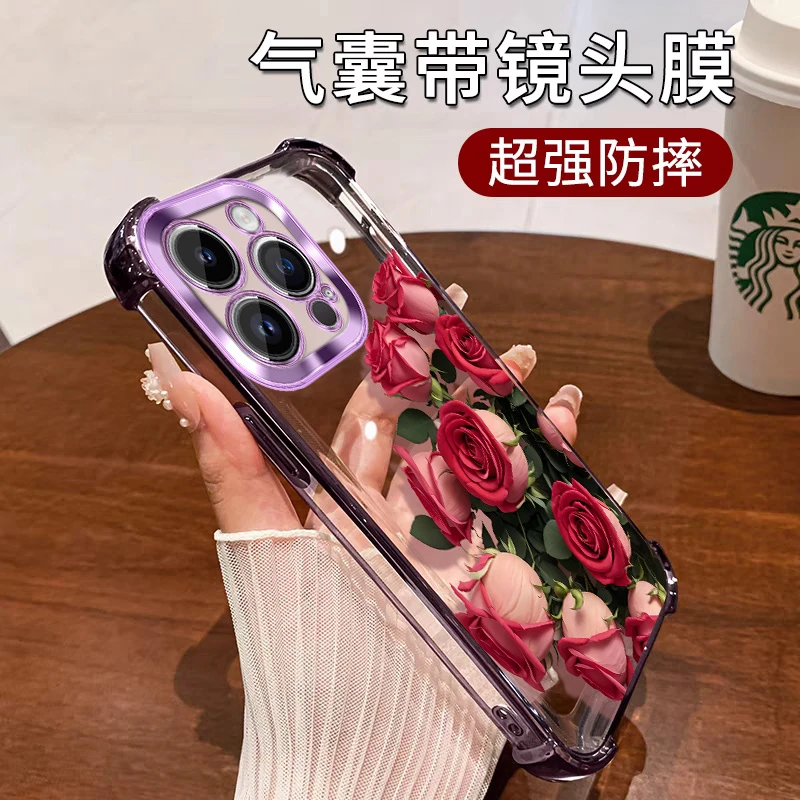 适用苹果/oppo/vivo/华为/荣耀/小米手机壳玫瑰花透明硅胶中国风