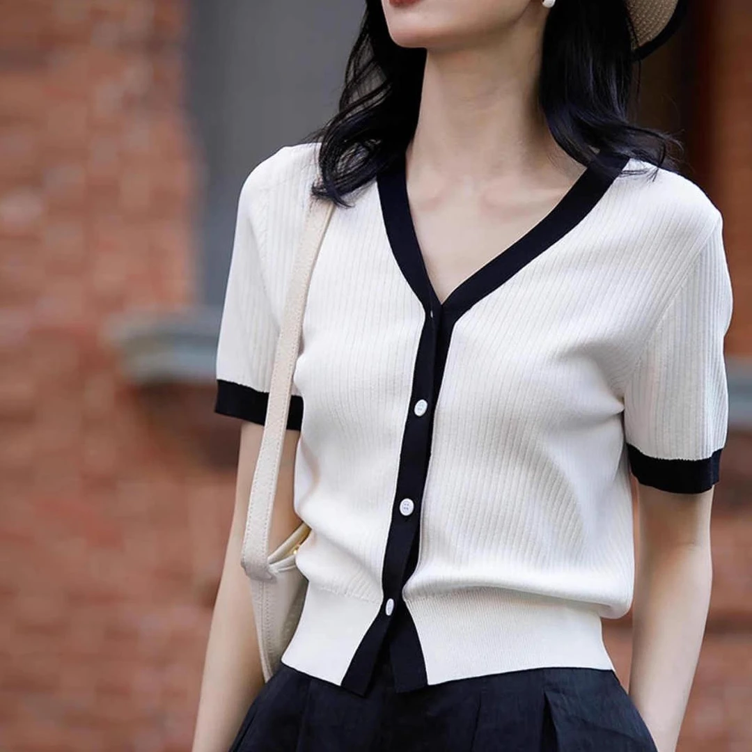哥弟阿玛施正品2025夏季新款V领小香风短袖针织开衫女士气质上衣