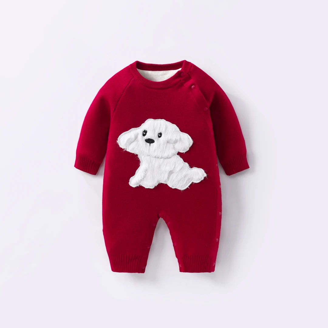 秋冬加厚加绒连体爬服可爱小狗男女宝宝保暖针织毛衣新生儿连体衣