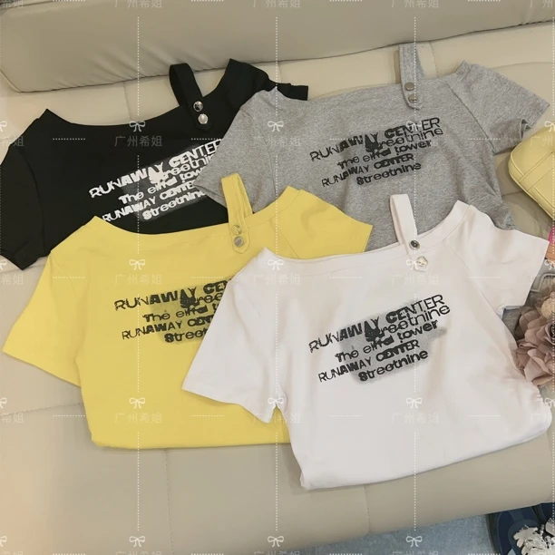 【斜肩T】设计感短袖女t恤2025新款夏季女装韩版时尚露肩上衣女