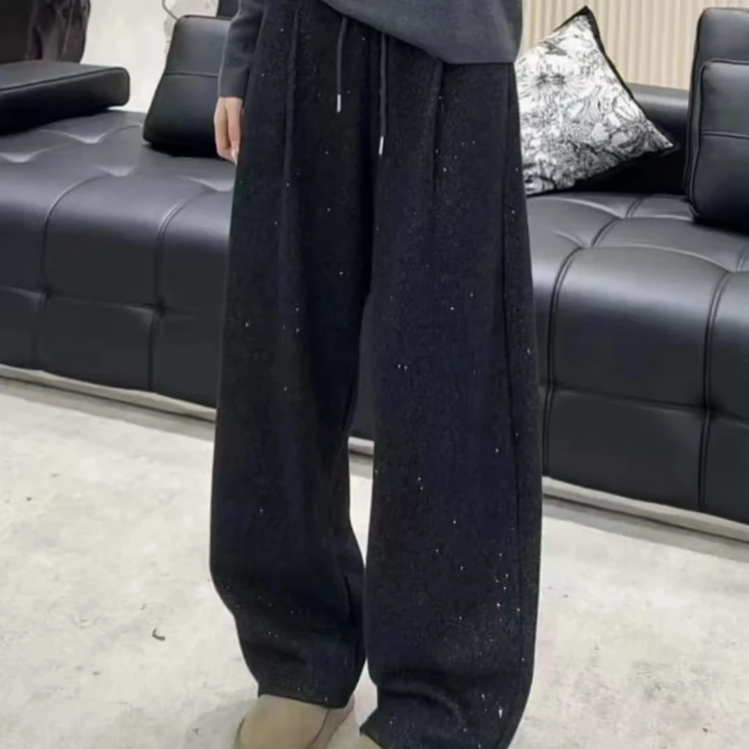 【银河】撒银工艺冬手加绒加厚高腰抽绳显瘦弯刀裤