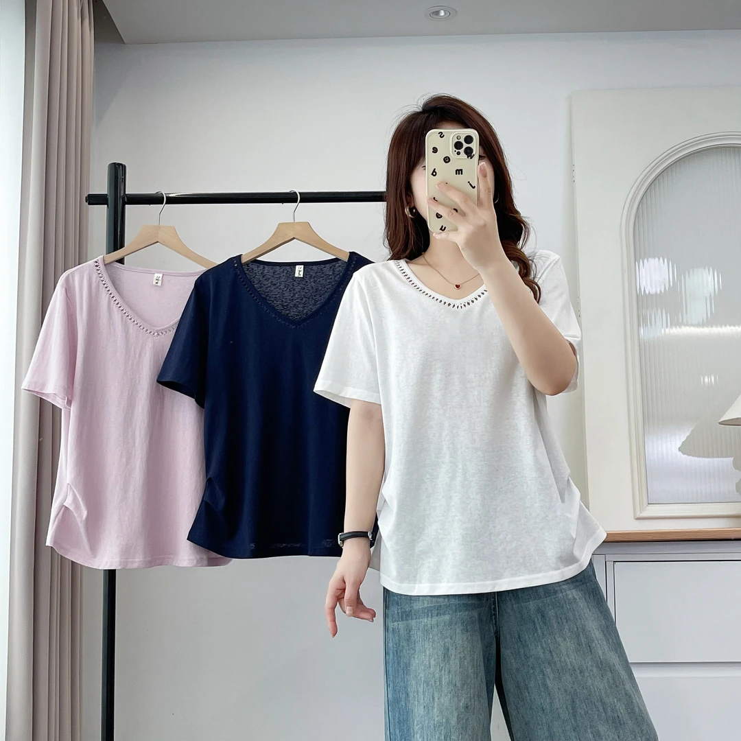 YueBeiLa/月贝拉大码洋气V领镂空宽松显瘦皱褶短袖T恤百搭半袖女