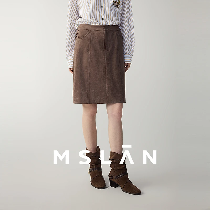 MSLAN都市漫游 解构分割中裙仿麂皮绒复古港风A字半身裙25秋新款