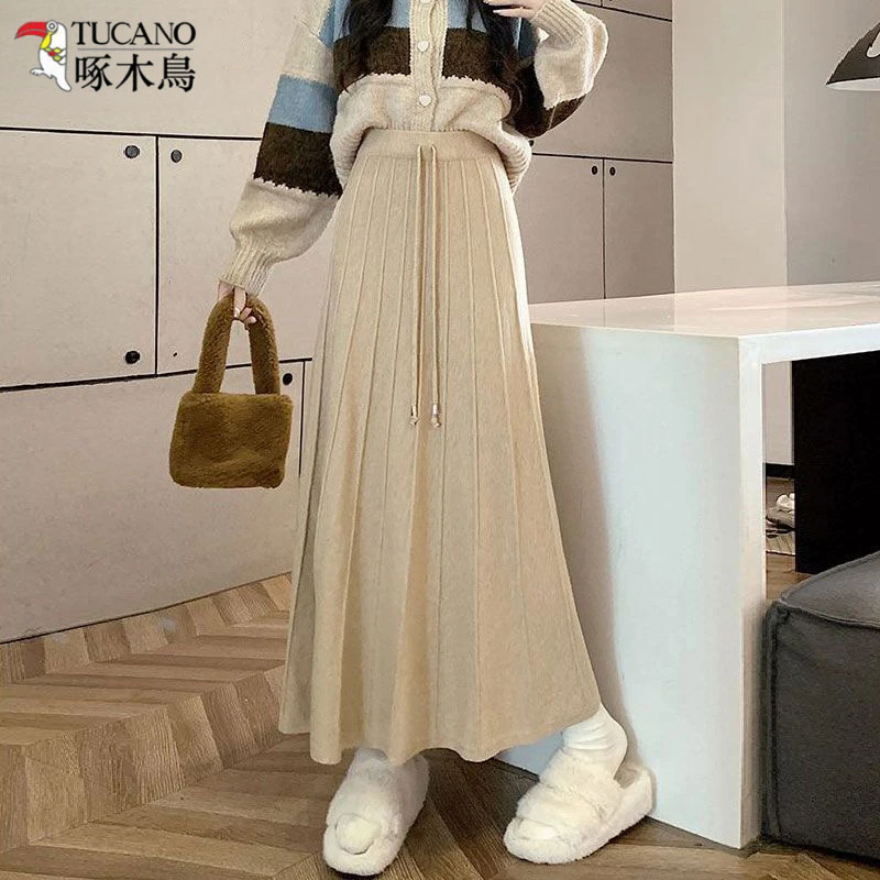 TUCANO/啄木鳥气质a字伞裙秋冬韩系针织裙半身裙女高腰遮胯百褶裙