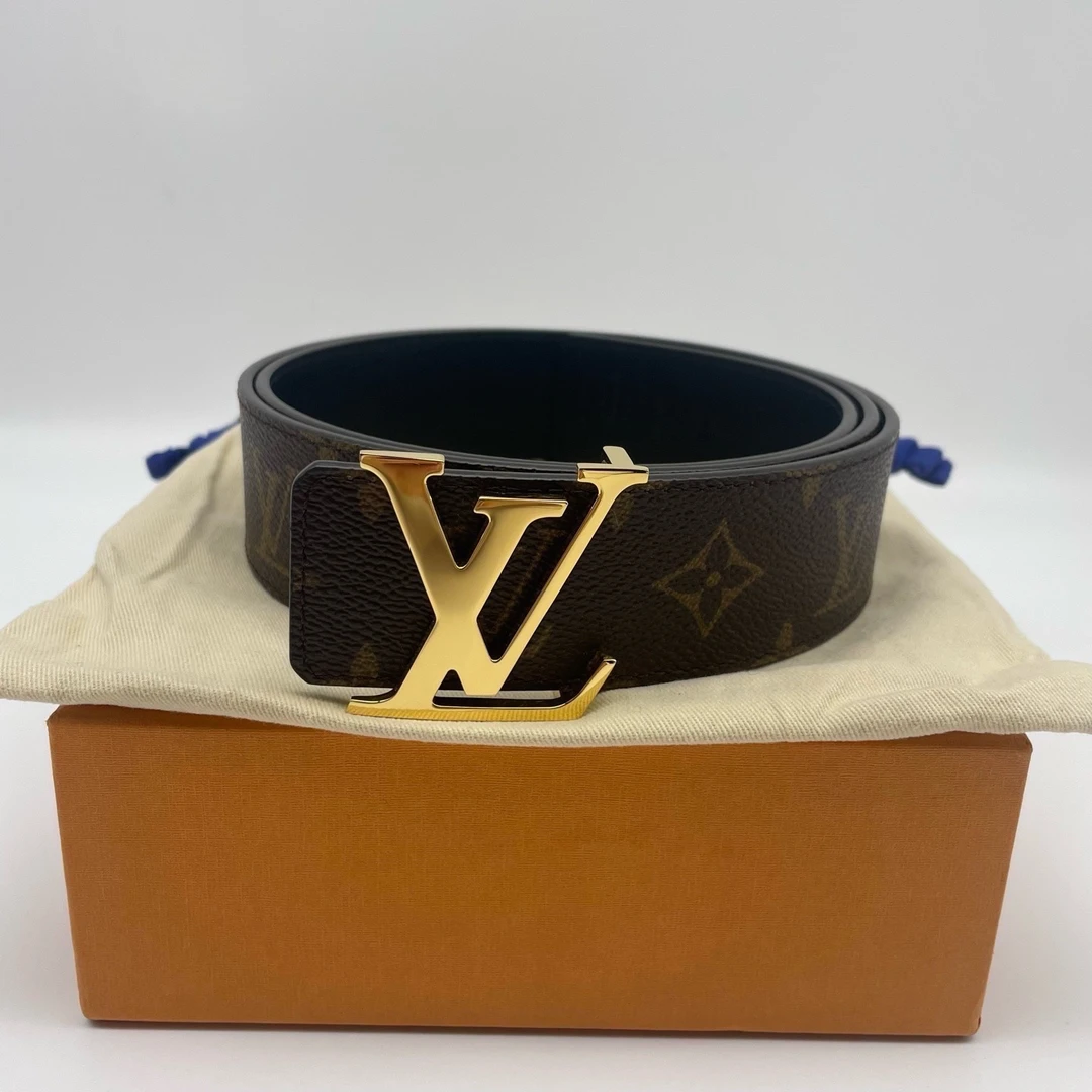 99新 LouisVuitton/路易威登 经典金扣老花双面腰带宽4cm