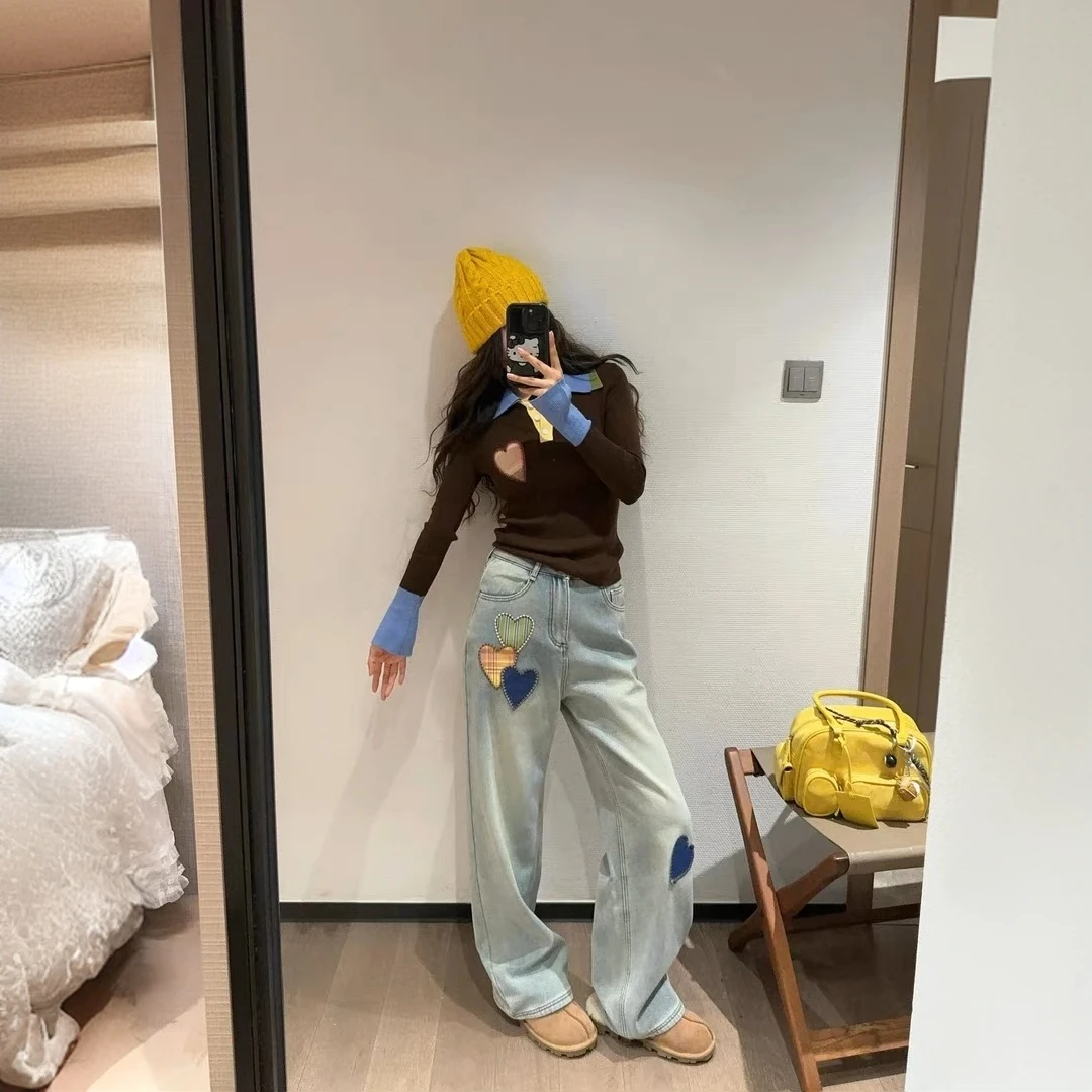 复古设计感爱心贴补牛仔裤女2025春季街头拼色刺绣阔腿拖地长裤子