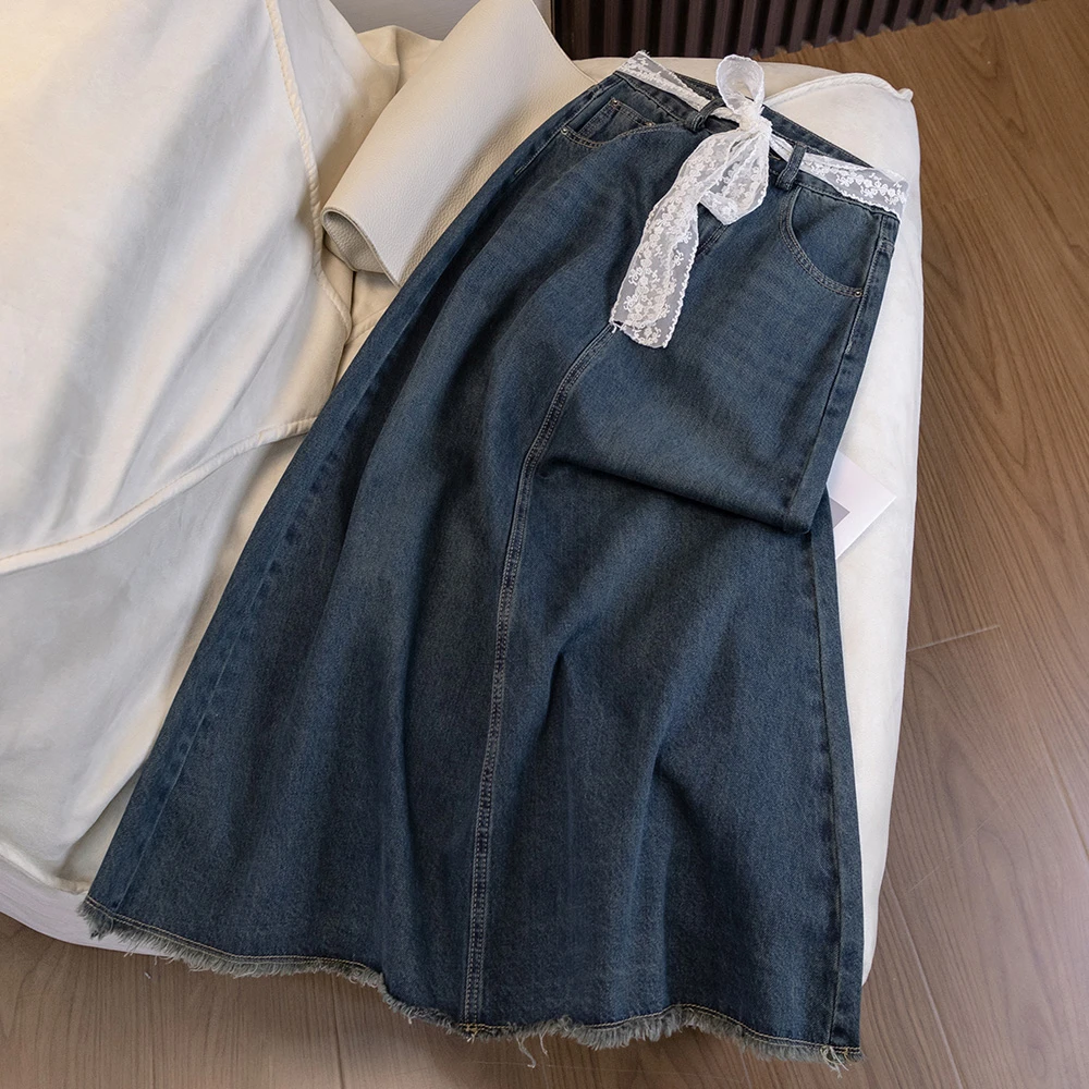 复古色毛边牛仔半身裙女夏季新款高腰显瘦A字鱼尾裙长裙子