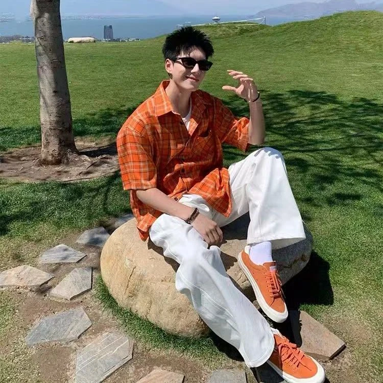 2025夏季格子春夏短袖美式休闲对襟男衬衫衬衣男装男士潮流百搭