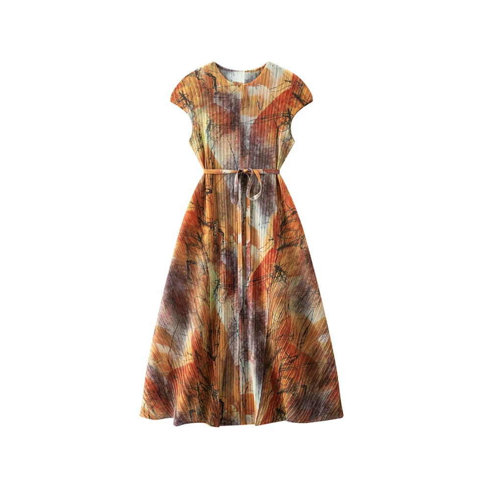 轻奢法式印花连衣裙女夏季新款设计感系带显瘦褶皱高端气质中长裙