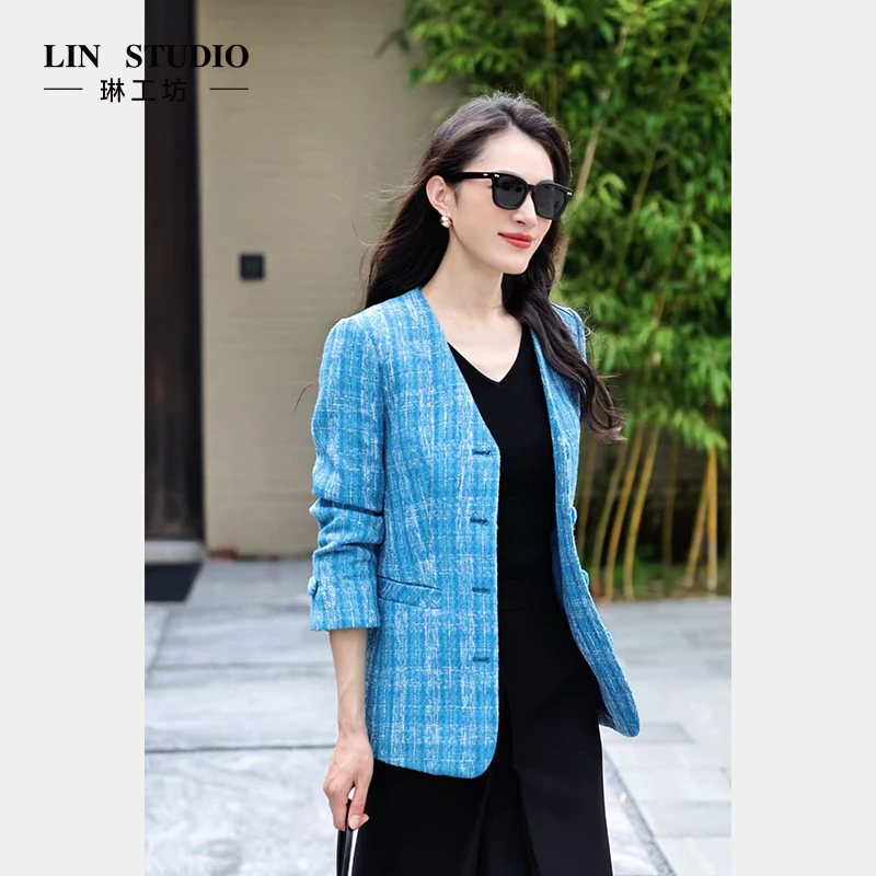 琳工坊“允和”蓝色西服外套气质时尚干练琥珀流光系唐琳设计师