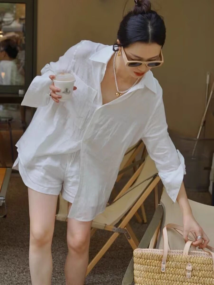 法式复古防晒白色长款衬衫+运动松紧腰短裤棉麻套装夏季两件套女
