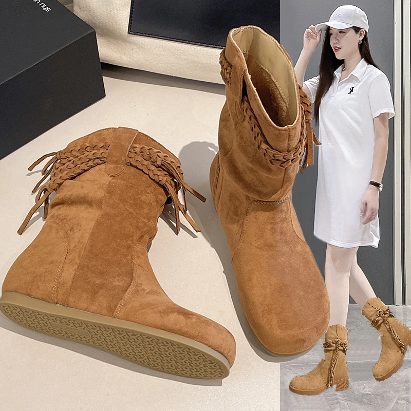 内增高短靴女2025春秋新款复古西部牛仔骑士靴流苏褶皱勃肯堆堆靴