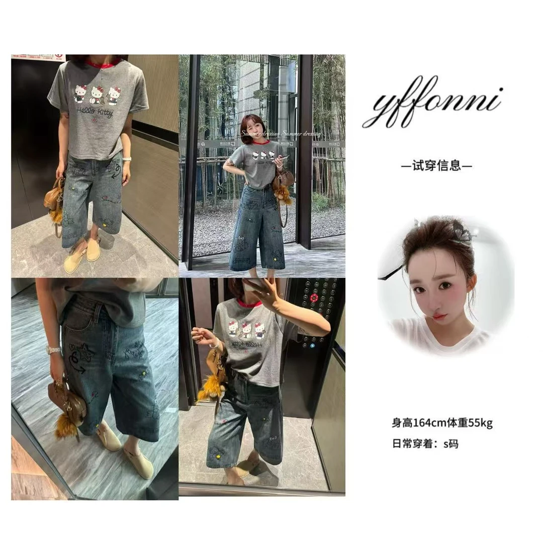 【YFONI】高级感Kitty植绒重工中裤加拼接短袖上衣