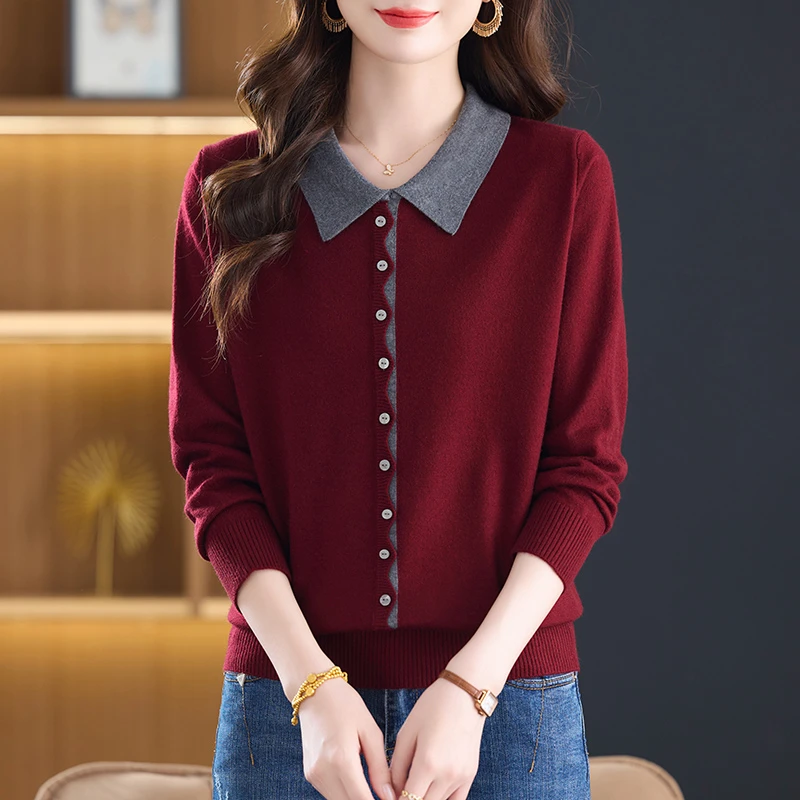 秋冬女士新款翻领长袖套头宽松显瘦百搭减龄洋气时尚内搭针织衫