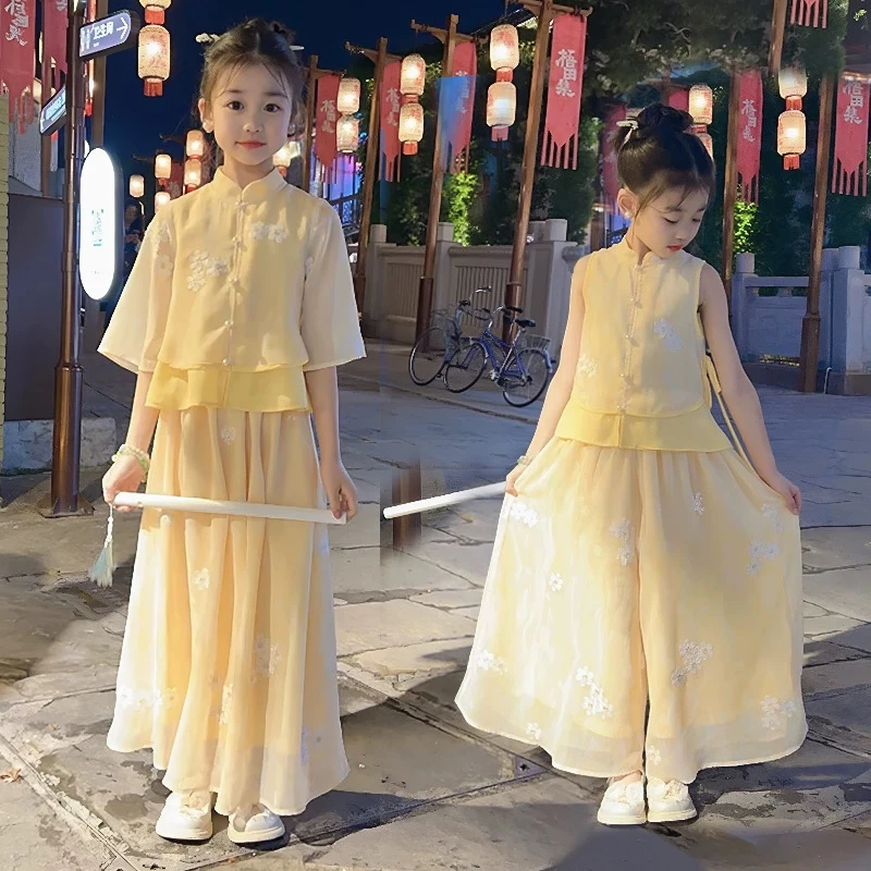 女童国风刺绣套装2025新款复古新中式民族风公主汉服两件套