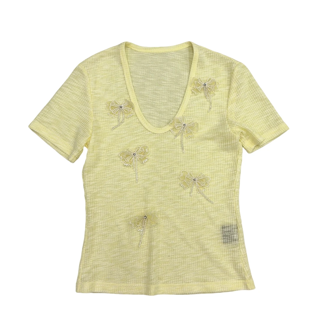 深圳MMOUHUO新款U领重工立体花T恤