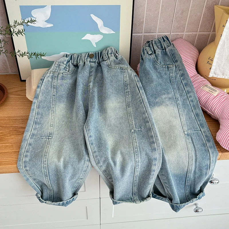 【主播推荐】儿童春季新款拼接弯刀牛仔裤男女宝休闲裤NZK25331