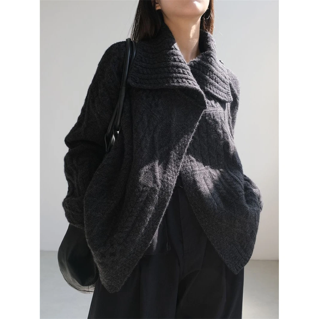 真心好看！复古麻花毛衣不对称翻领针织开衫外套女秋冬款显瘦上衣