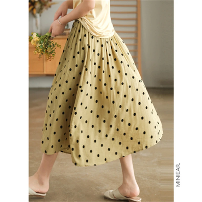 日系森系气质裙子春夏季新品雪纺皱波点半身裙撞色松紧腰A字裙潮
