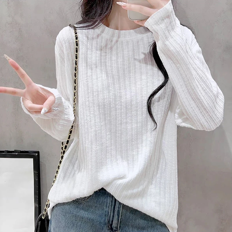 欧洲站显瘦肌理感宽松长袖t恤2025早秋新款圆领针织衫白色打底衫
