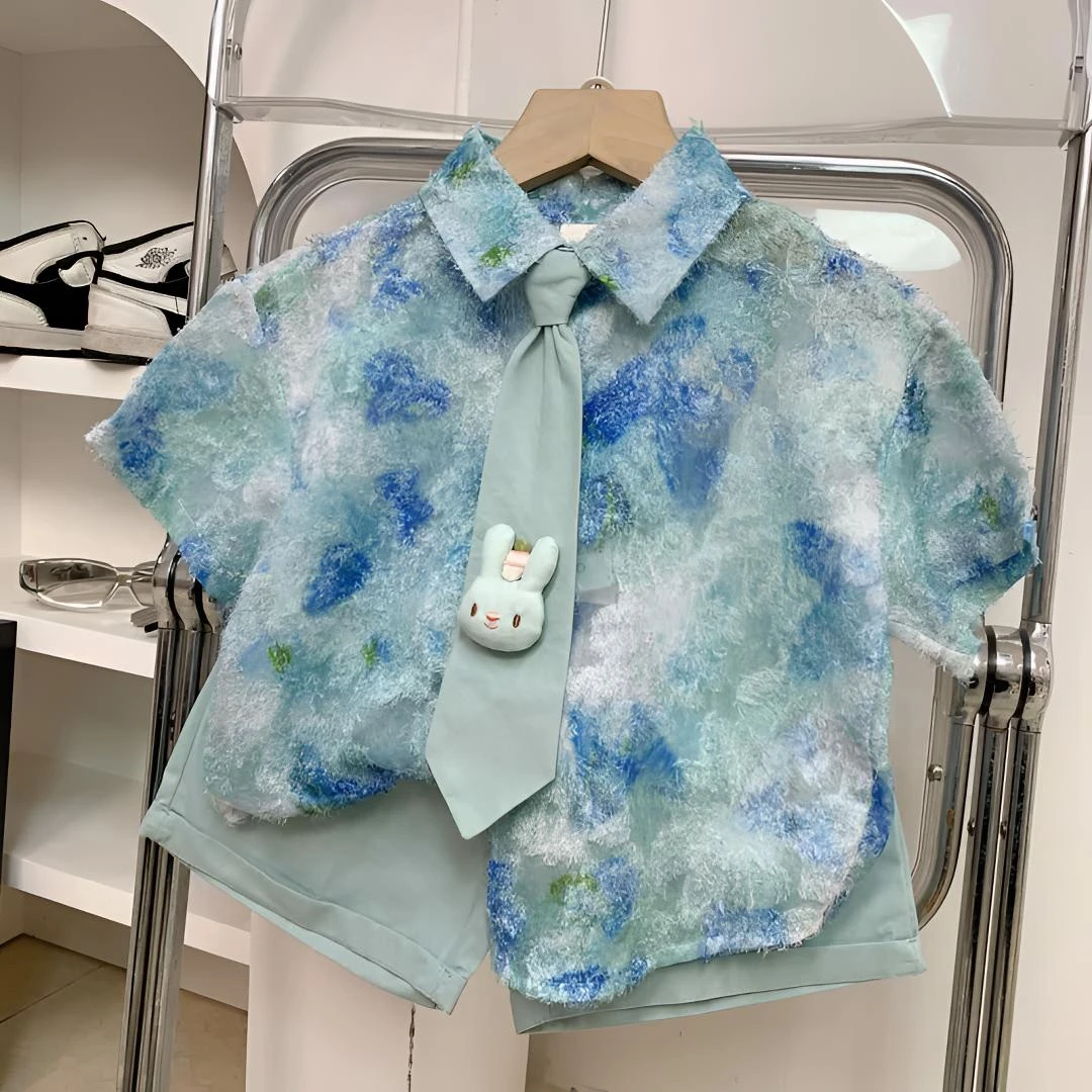 儿童韩版夏款衬衫套装男童韩系须须短袖衬衫短裤领带三件套时尚帅