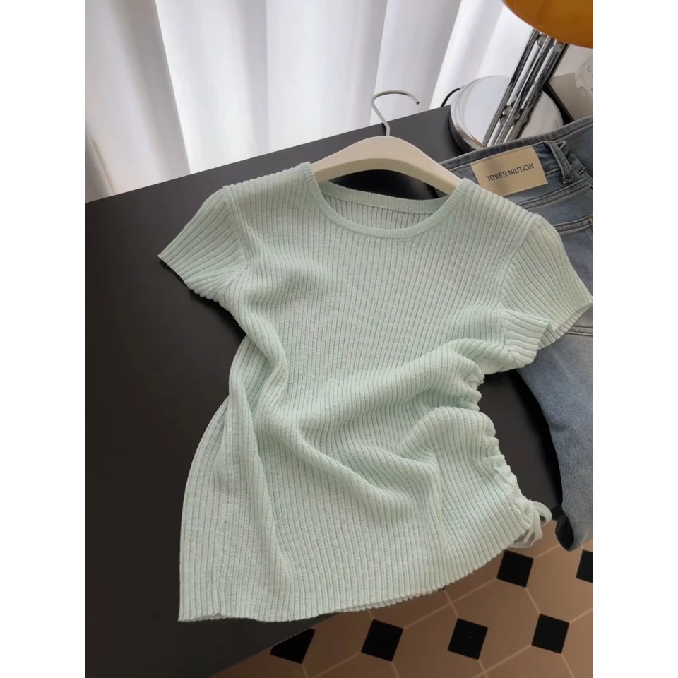 绿色正肩短袖T恤女夏季新款设计感抽绳收腰显瘦百搭冰丝针织上衣