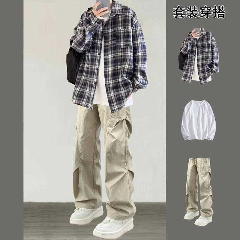 港风格子衬衫男套装青少年学生秋季休闲外套搭配工装裤痞帅三件套