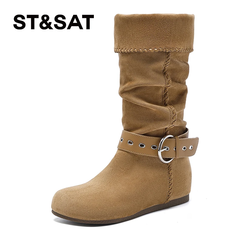 星期六复古皮带扣长筒靴女2025秋冬新款可翻折两穿潮流时尚堆堆靴