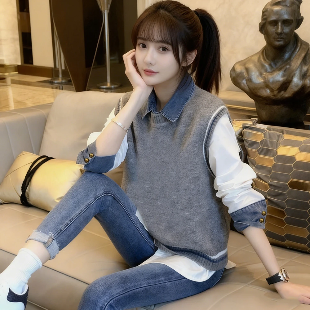 秋冬新款坎肩针织马甲叠穿牛仔拼接衬衫两件套女洋气小个子套装潮