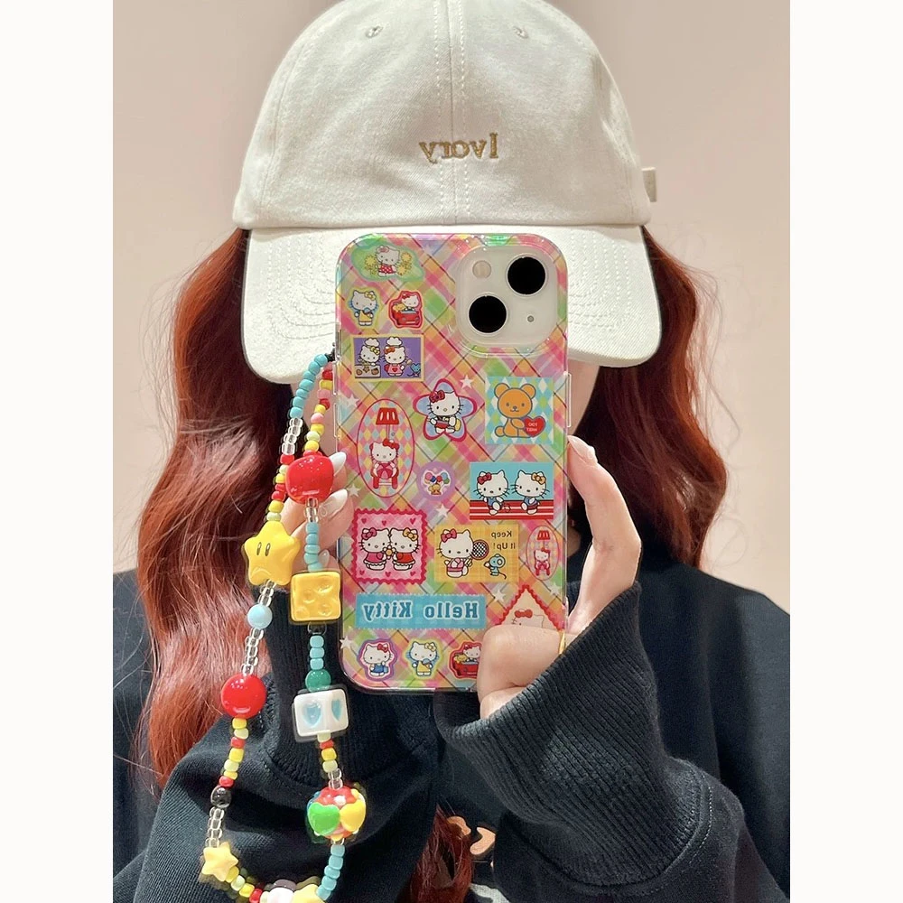 彩色格纹KT猫适用苹果17promax手机壳iPhone15华为OPPO小米VIVO壳