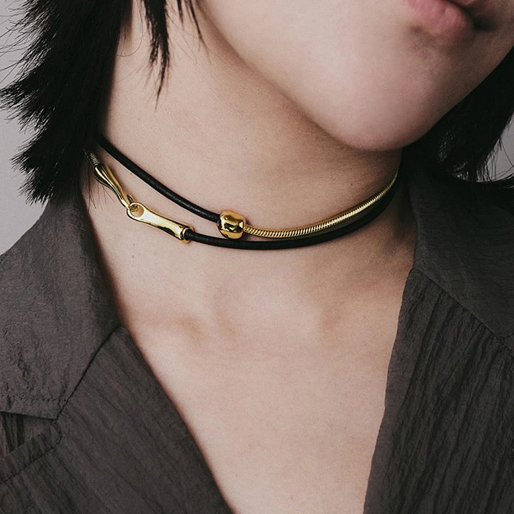 铜合金项链 黑色编织绳拼接项链双层叠戴时尚简约小众朋克N10308