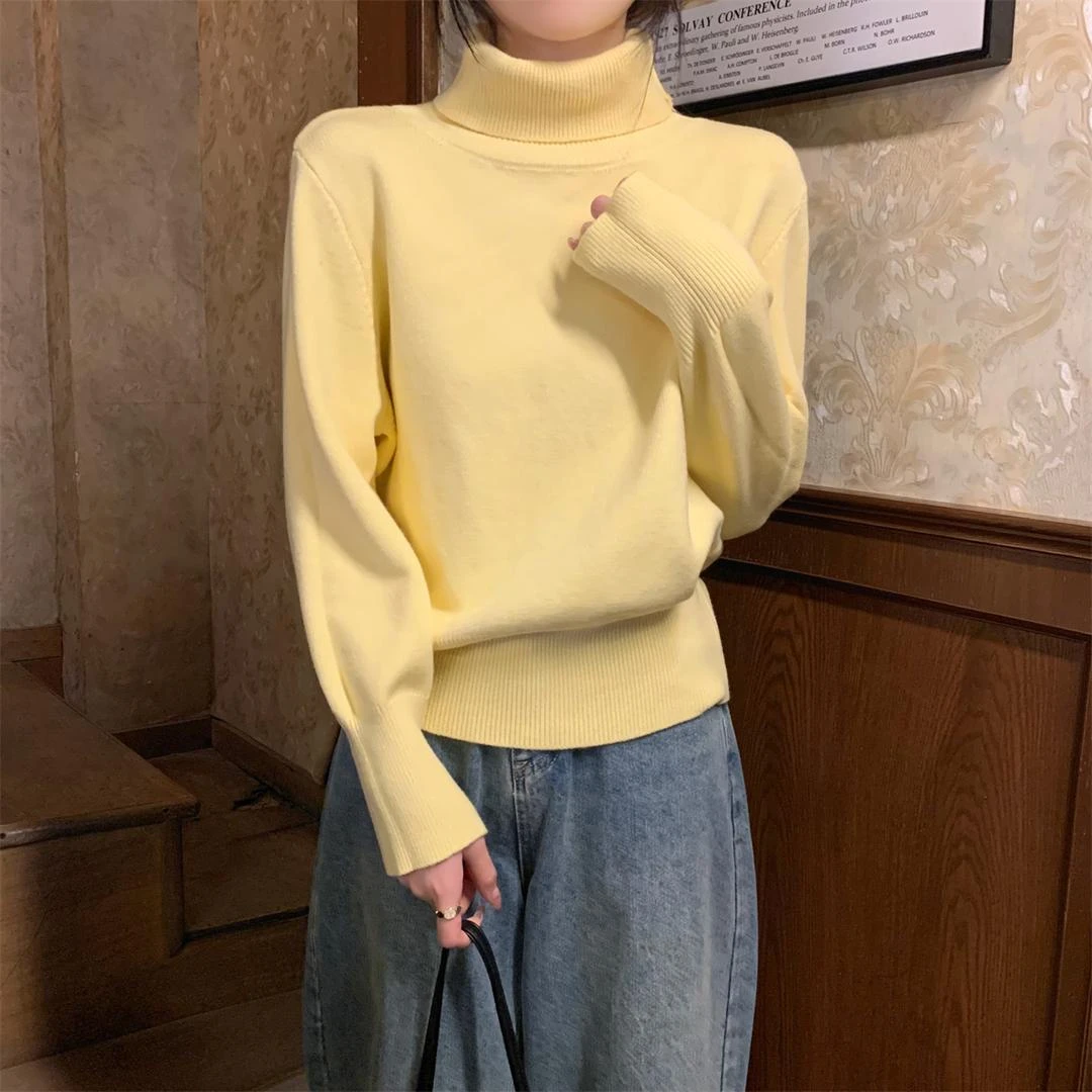 2025秋冬高领套头针织打底衫内搭外穿简约风堆堆领软糯保暖毛衣女