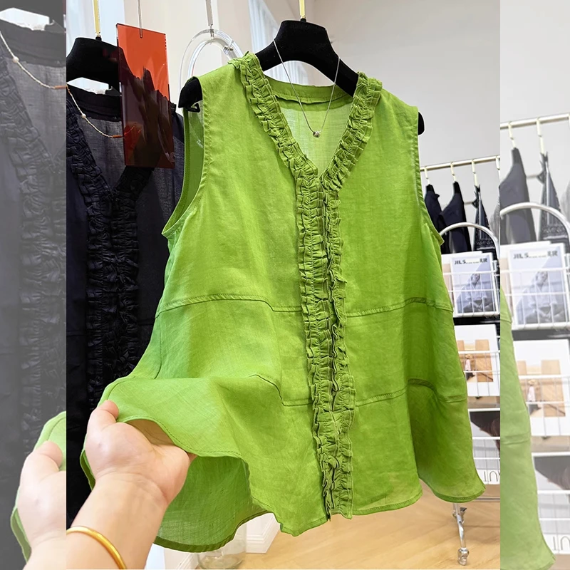 无袖木耳边女士宽松夏季法式纯色新款衬衫女显瘦大码慵懒风高级感