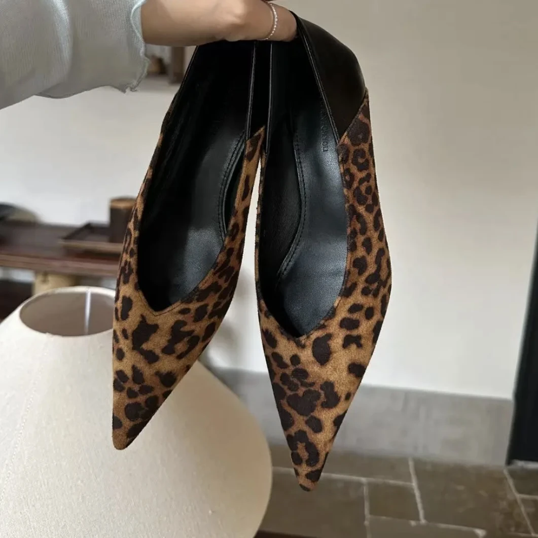 法式尖头马毛单鞋女晚晚一脚蹬豹纹平底鞋女