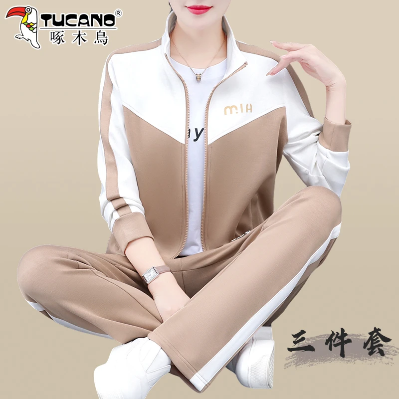 啄木鸟运动套装女2025年新款春秋中年妈妈卫衣外套休闲跑步三件套