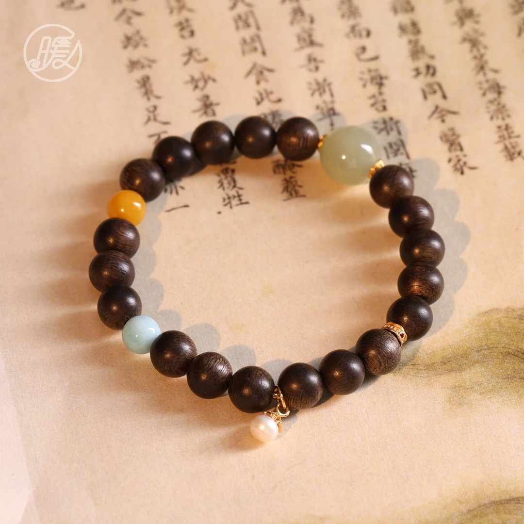单圈和田玉路路通香香手串8mm搭配蜜蜡海纹石手链M214多样性发一