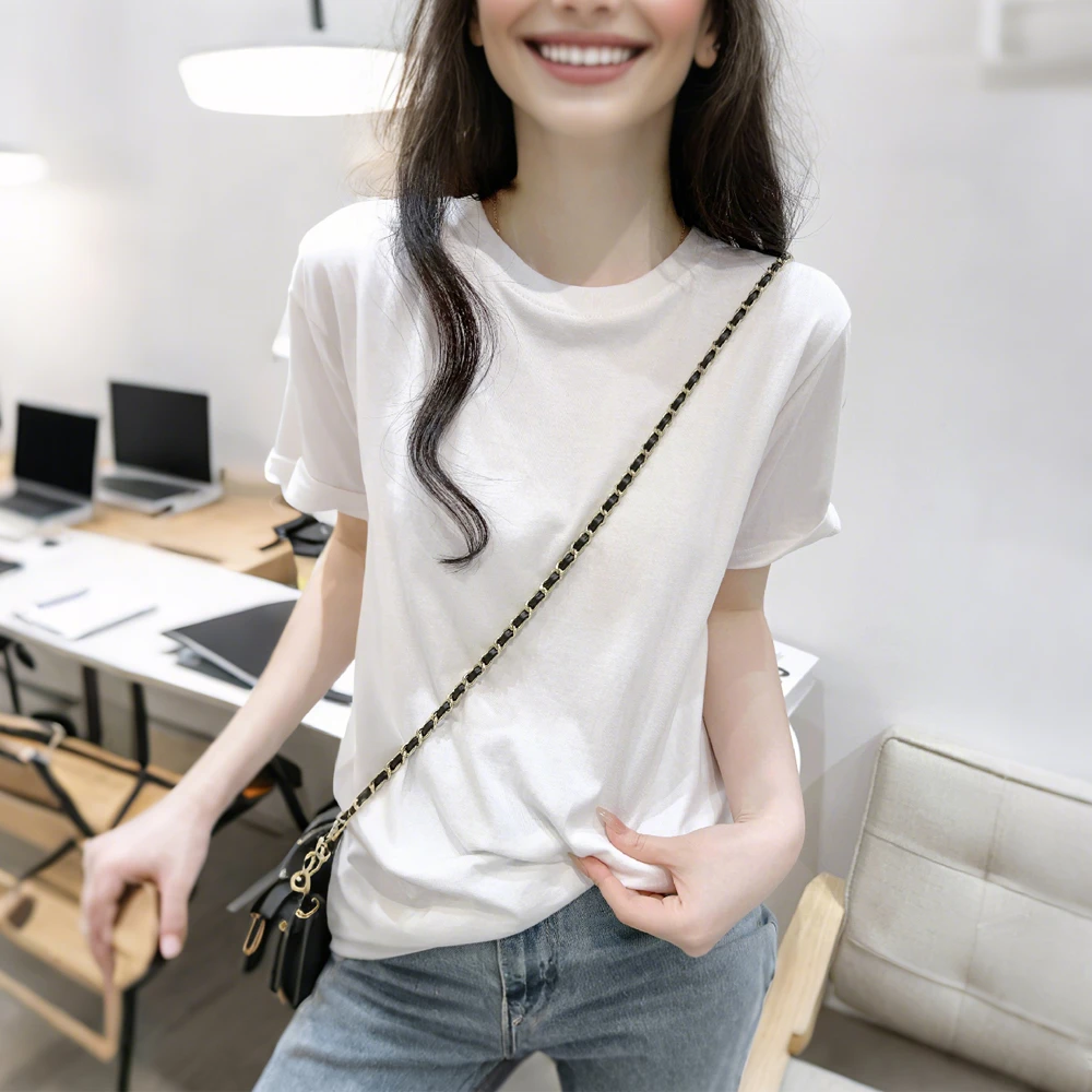 纯色圆领正肩短袖T恤女夏季基础款韩版薄款纯棉体恤宽松百搭上衣