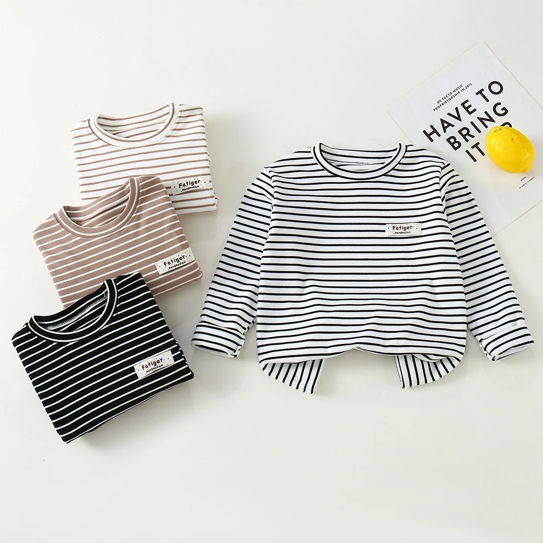 儿童春秋上衣休闲保暖居家打底衫宝宝简约秋冬款大童小童圆领条纹