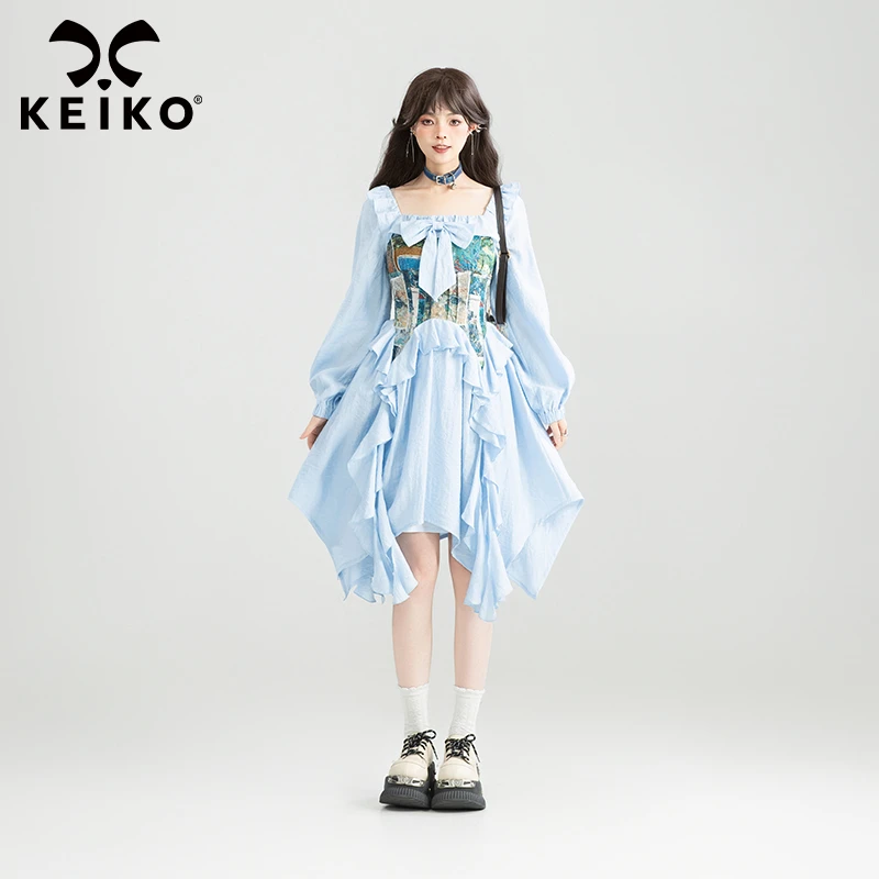 KEIKO 提花拼接收腰方领连衣裙秋法式宫廷风不规则摆茶歇公主裙