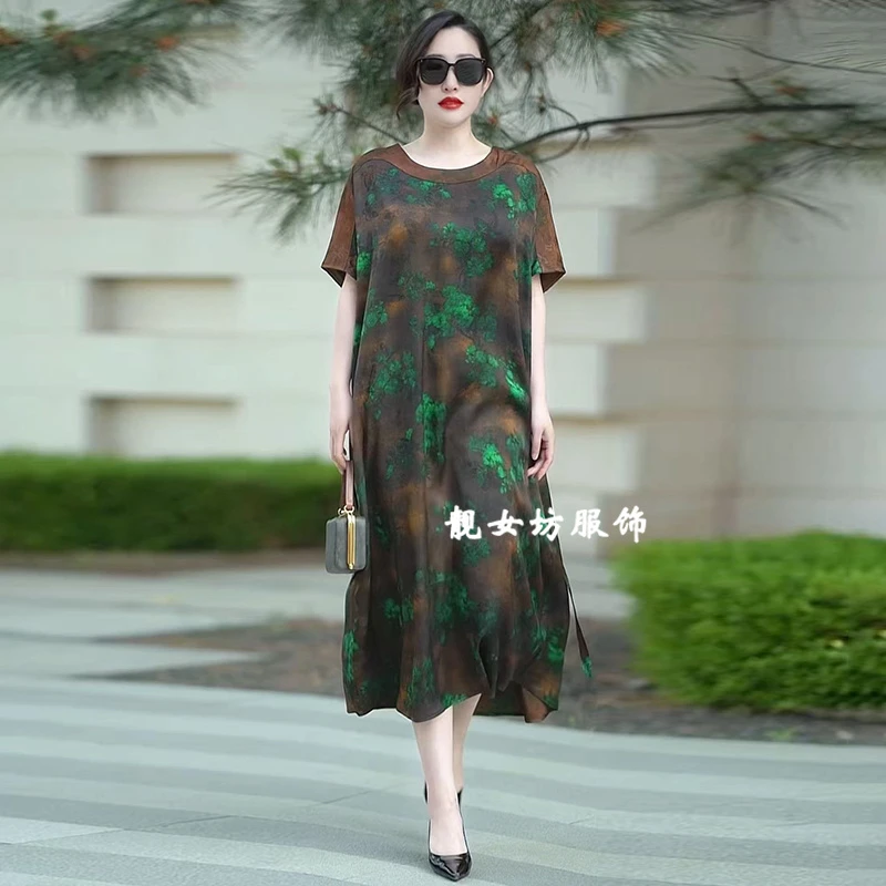 垂坠感花萝大码连衣裙夏季新款宽松遮肚显瘦中长裙时髦阔太太长裙