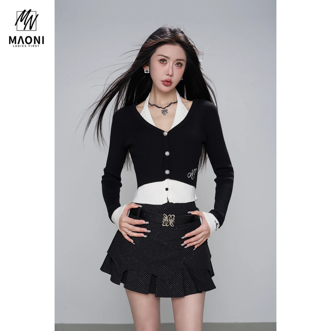 毛妮Peshe【假两件挂脖上衣】拼接撞色设计感长袖时尚针织衫L1474